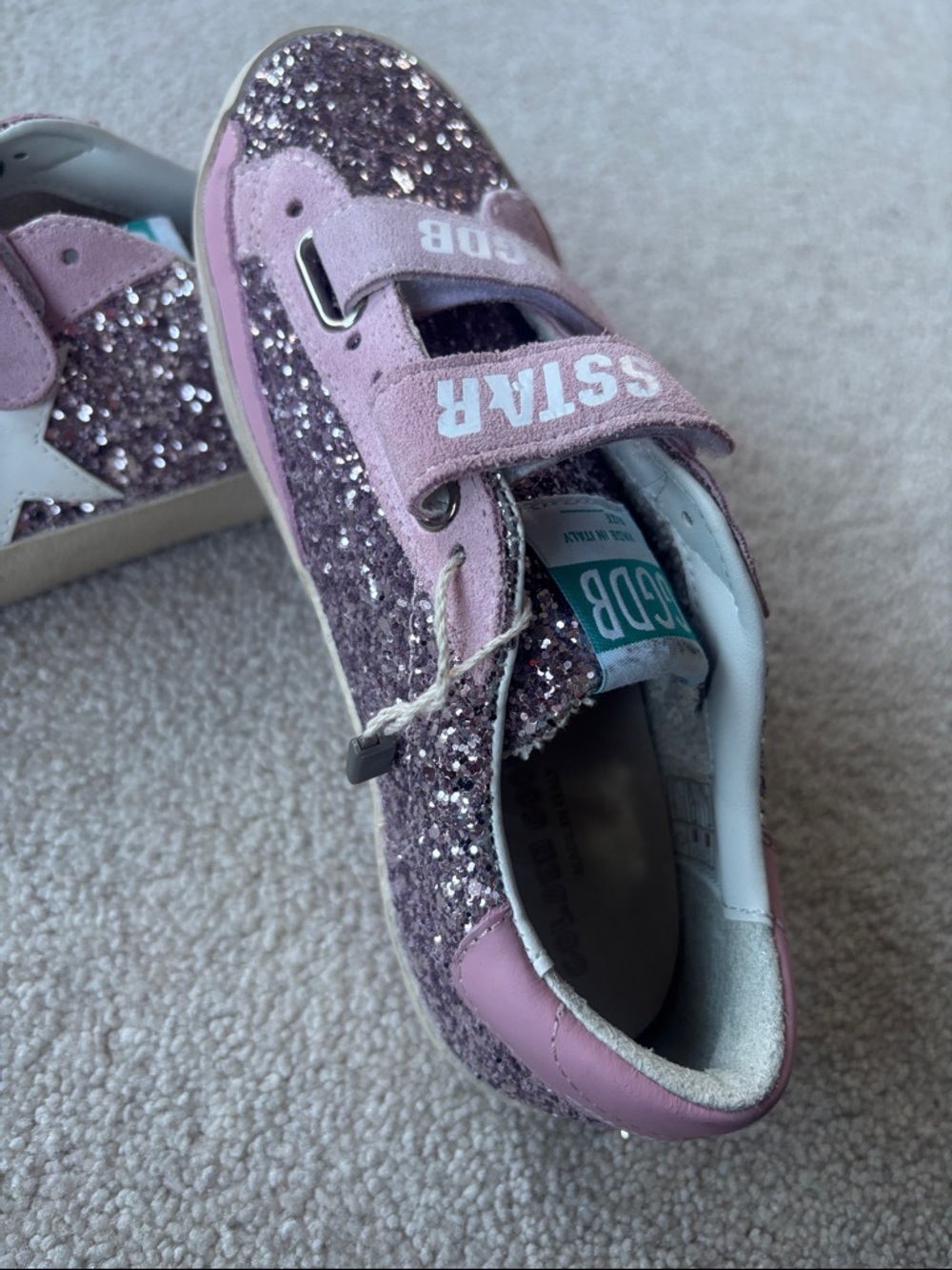 Golden Goose Kids Pink Glitter Superstar Velcro Sneakers with White Star - Picture 2 of 10